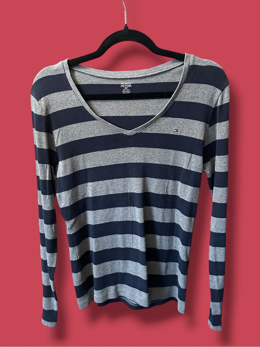 Tommy Hilfiger Navy and Gray Striped V-Neck Long Sleeve Top